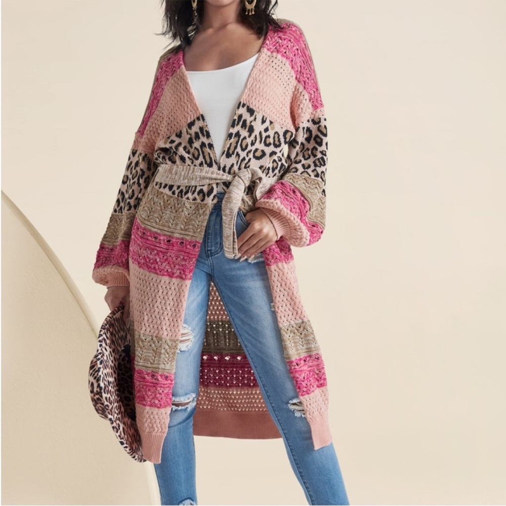 VENUS Pink and Leopard Patchwork Cardigan